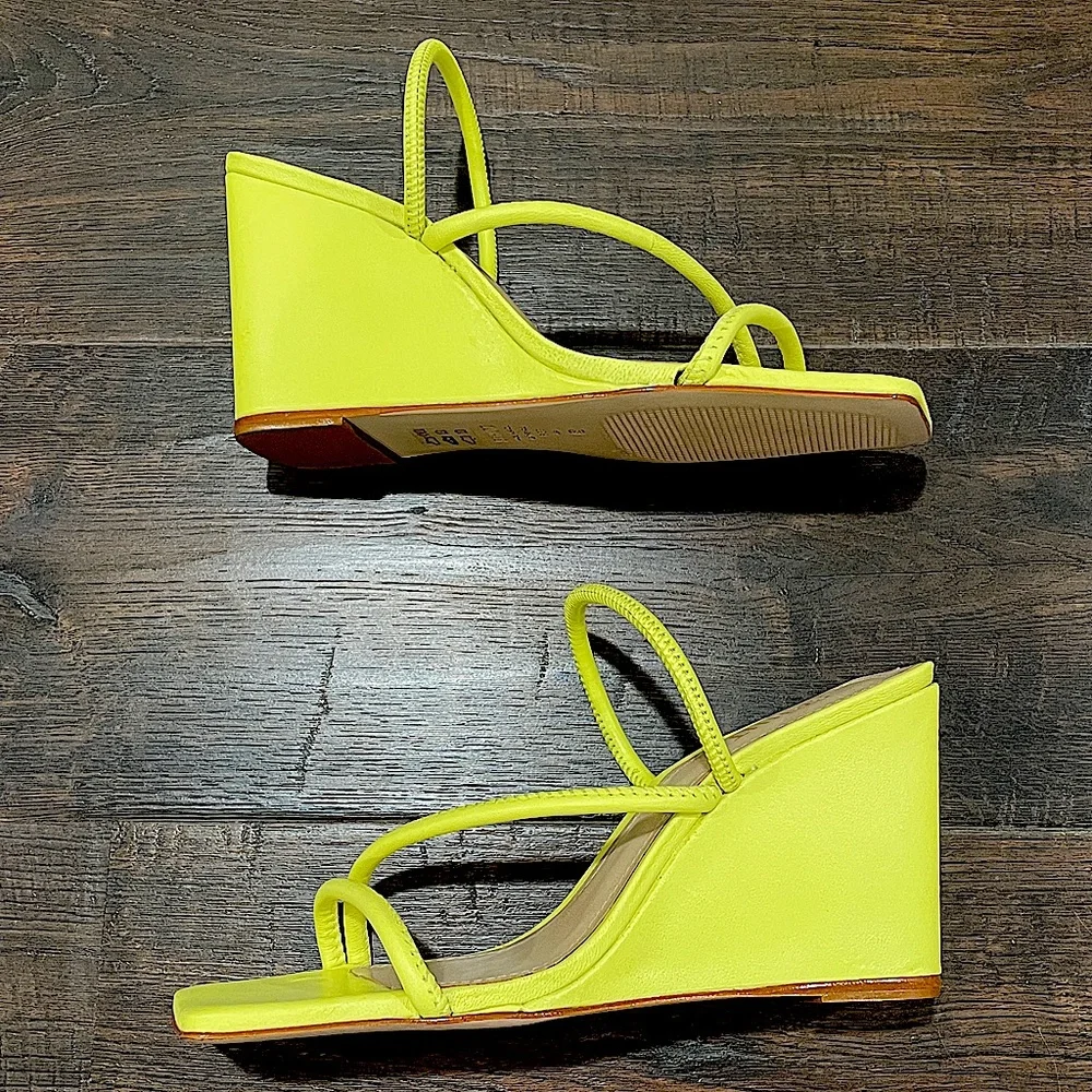 NIB SCHUTZ chartreuse LEATHER strappy wedge sandals lime apple zesty yellow 6.5 - Picture 12 of 16